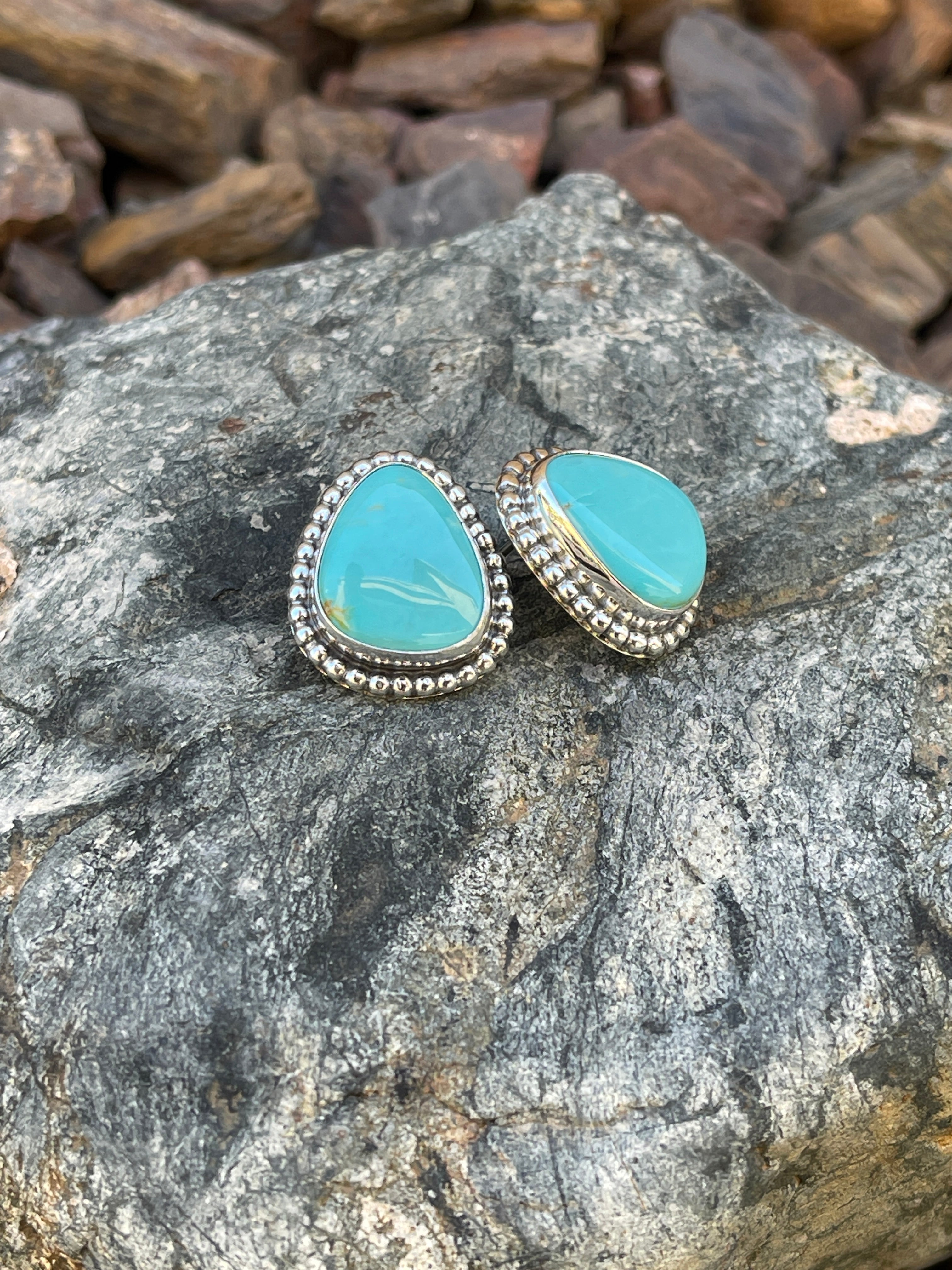 Sterling Silver Blue Kingman Turquoise Large Stud Earrings with Beaded Trim