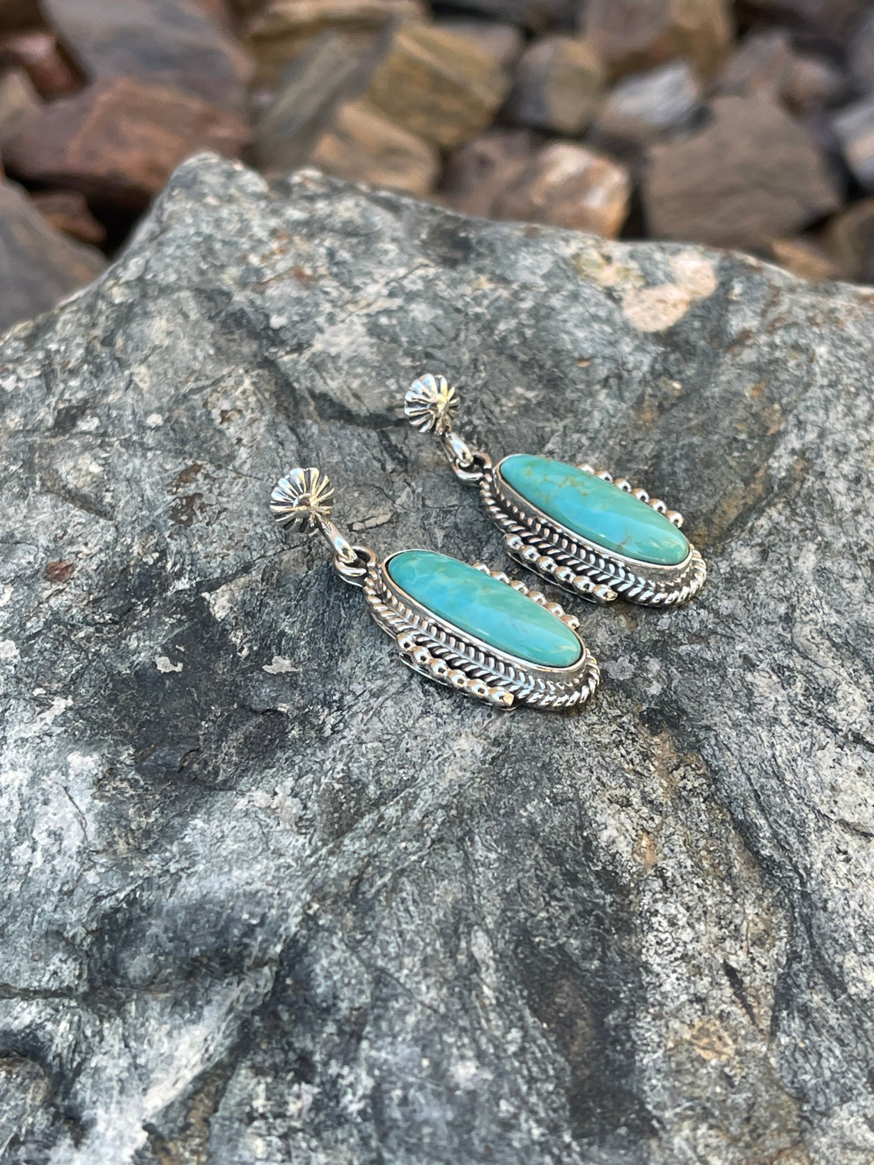 Handmade Sterling Silver Kingman Turquoise Dangle Earrings with Bead Detail