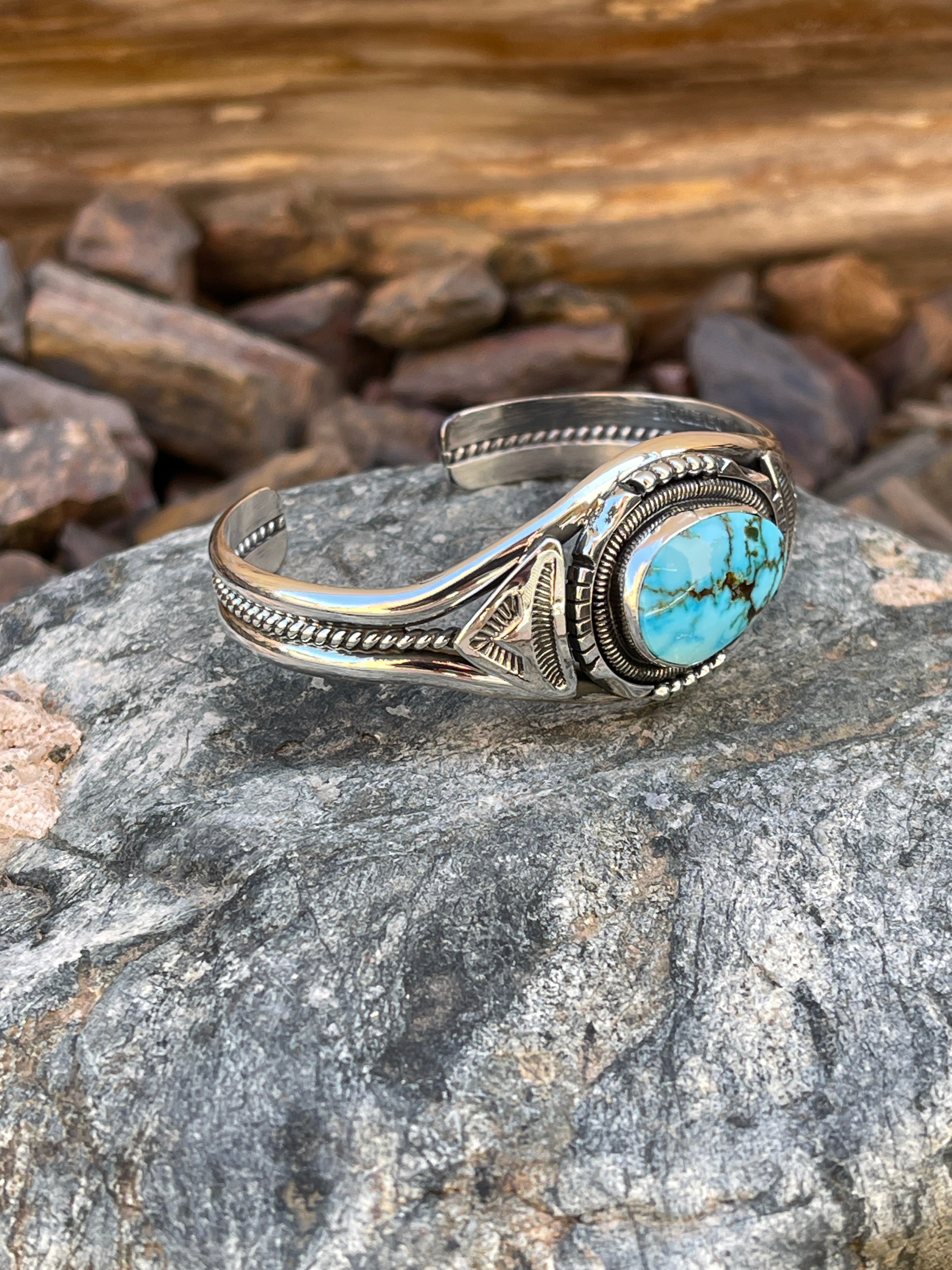 Handmade Solid Sterling Silver Turquoise Mountain Turquoise Bracelet with Coil Accent