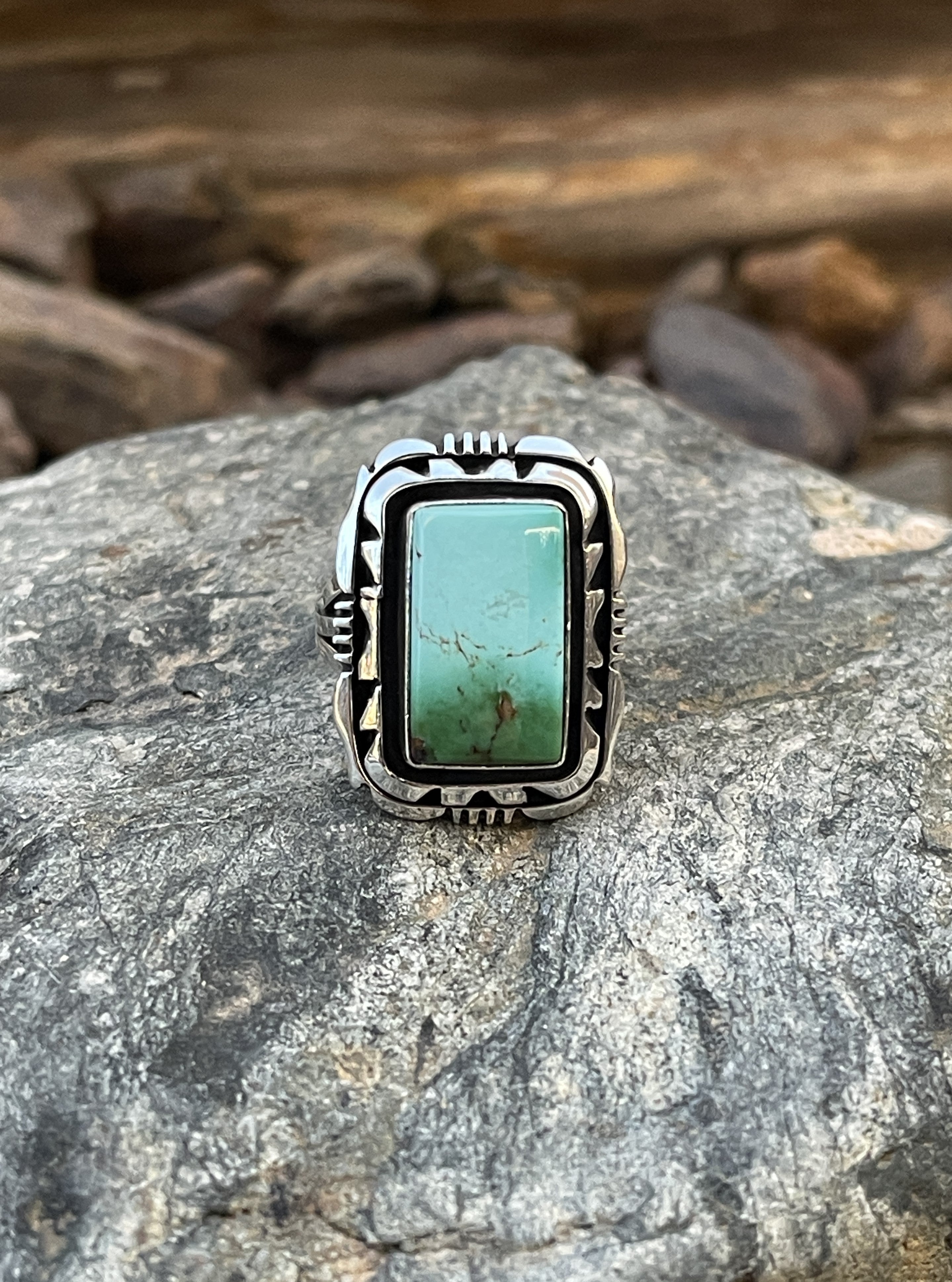Handmade Solid Sterling Silver Rectangle Cut Royston Turquoise Ring - Size 9 1/2