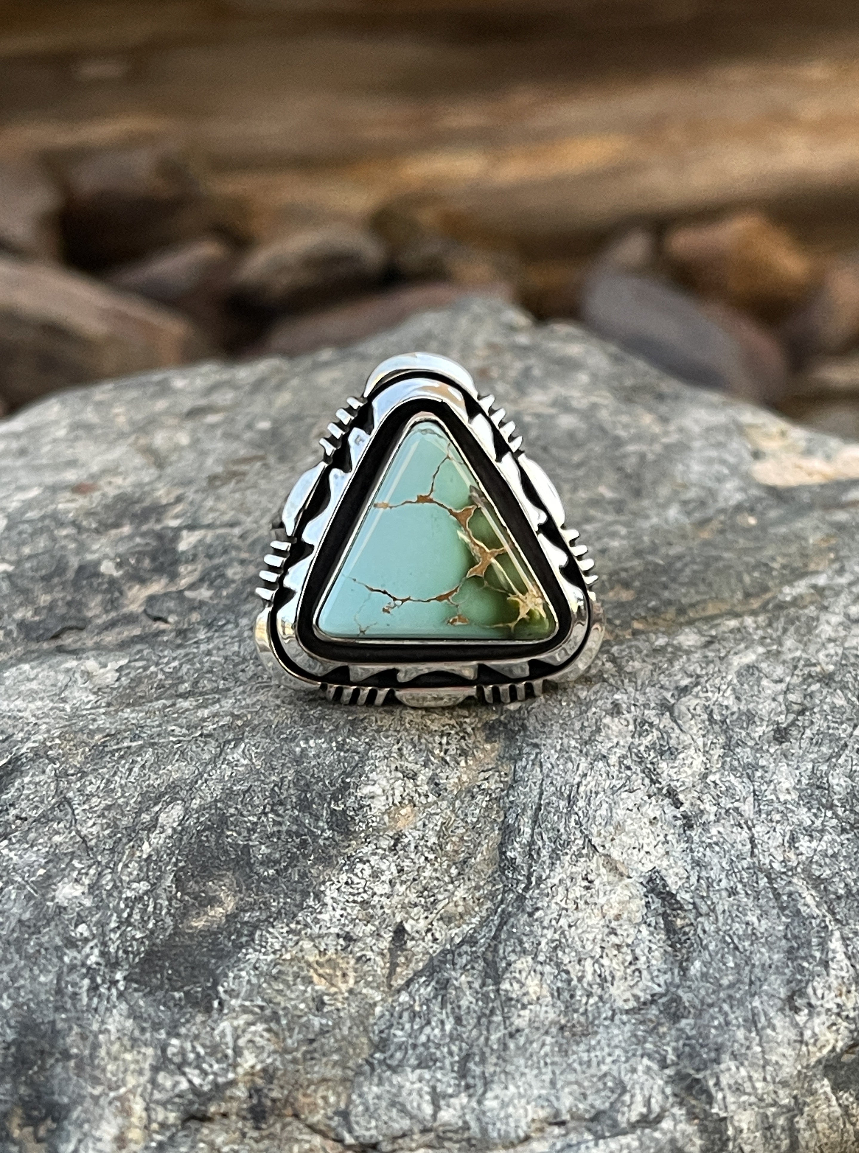 Handmade Solid Sterling Silver Triangle Cut Royston Turquoise Ring - Size 9