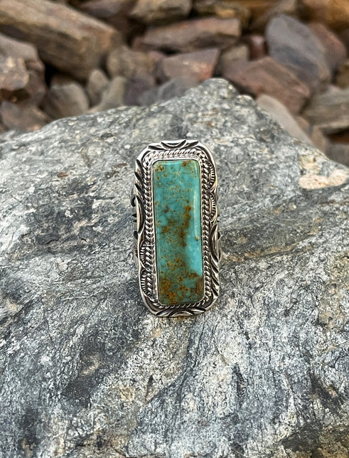 Handmade Solid Sterling Silver Kingman Turquoise Rectangle Cut Ring - Size 6 1/2