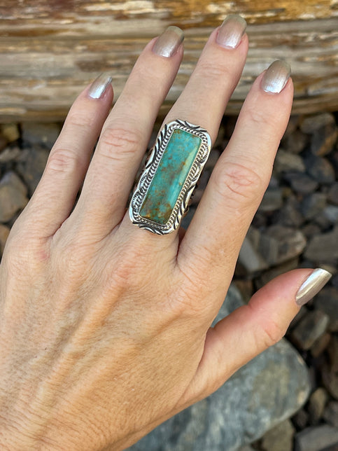 Handmade Solid Sterling Silver Kingman Turquoise Rectangle Cut Ring - Size 6 1/2