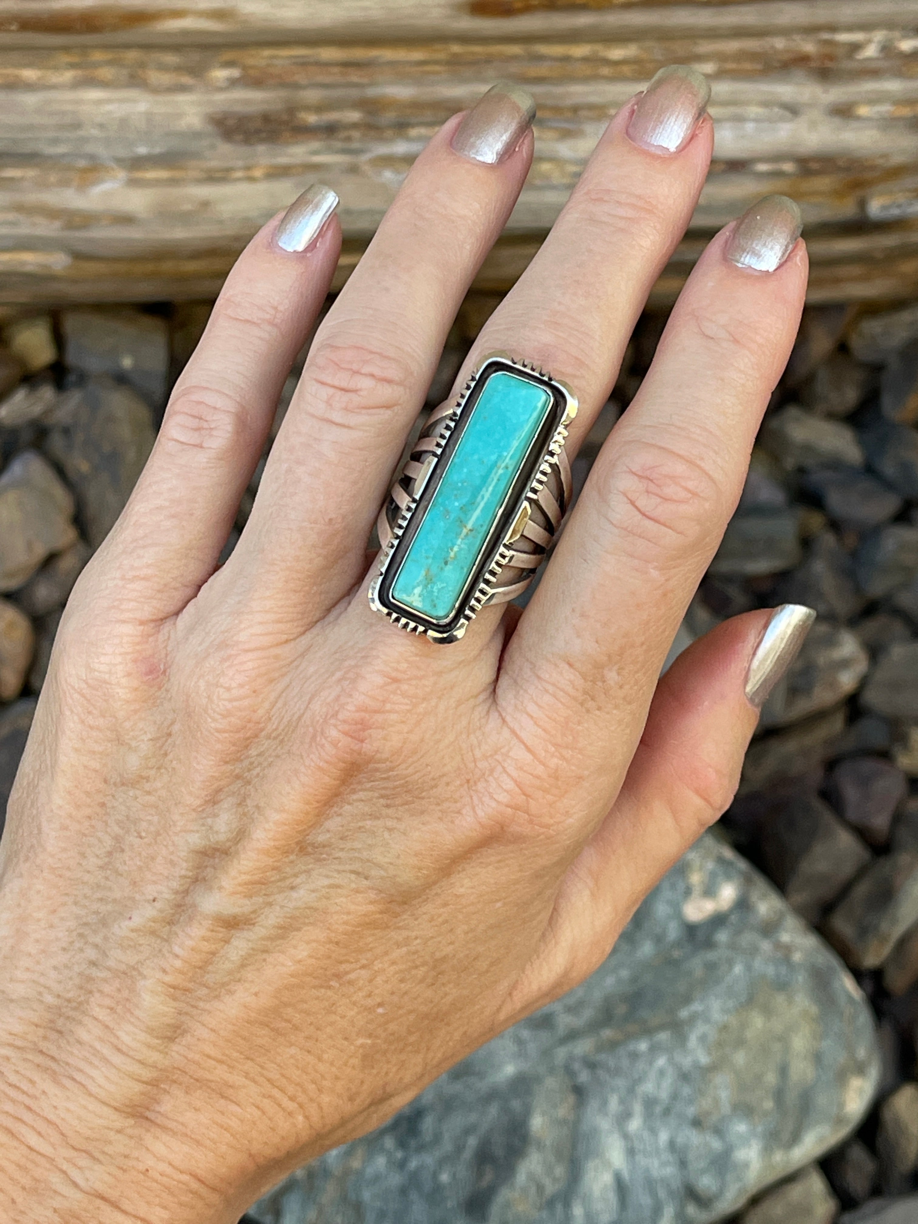Handmade Sterling Silver Kingman Turquoise Rectangle Cut Five Prong Ring - Size 8 1/2