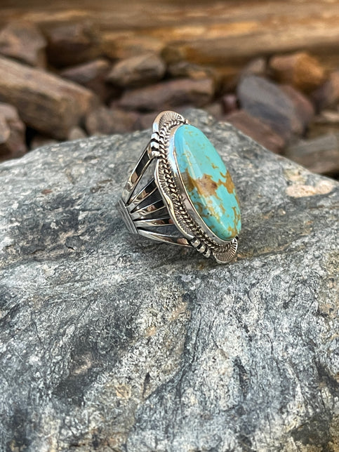 Handmade Sterling Silver Kingman Turquoise Ring with Hand Stamp Trim - Size 7 1/2