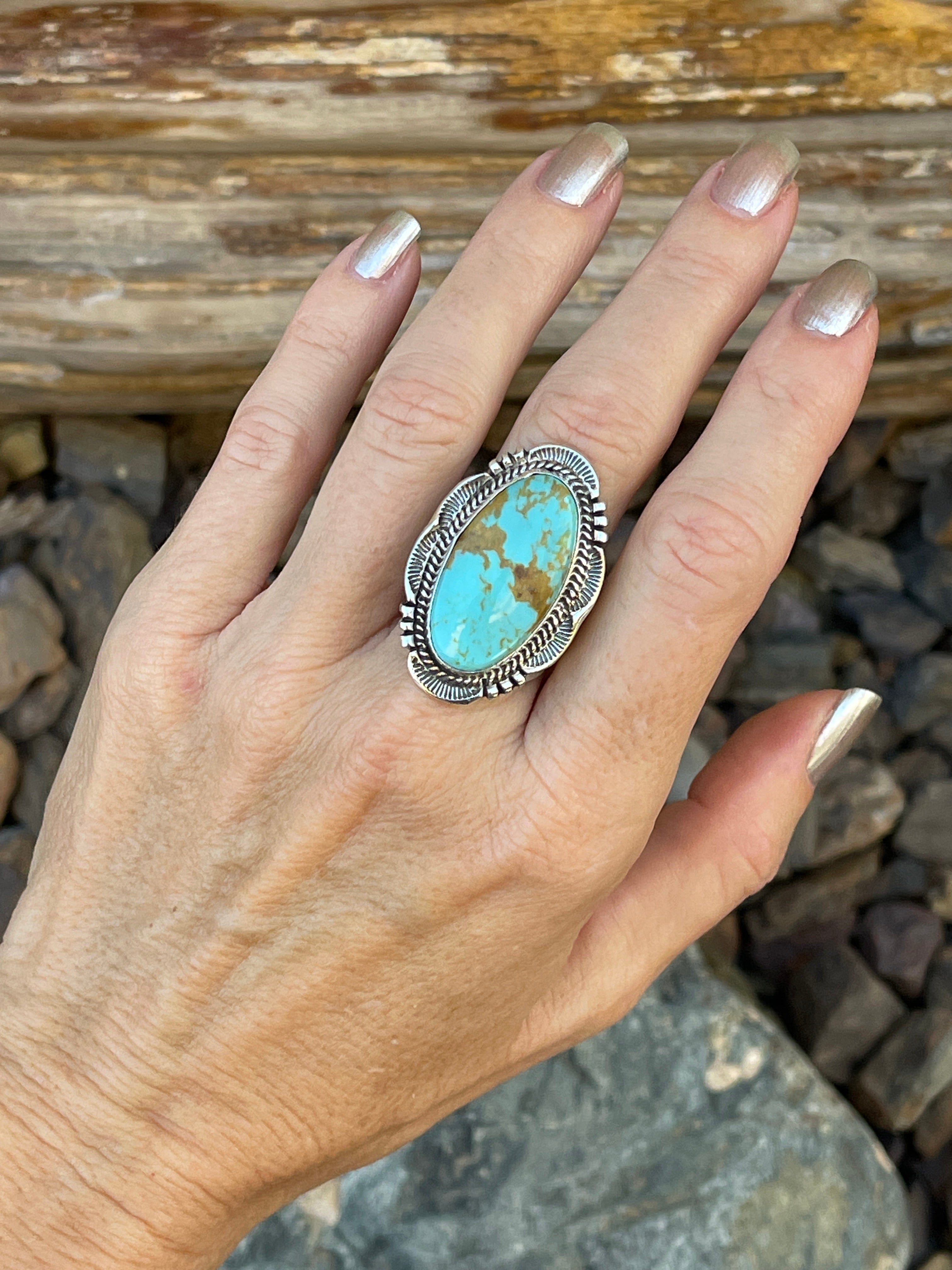 Handmade Sterling Silver Kingman Turquoise Ring with Hand Stamp Trim - Size 7 1/2