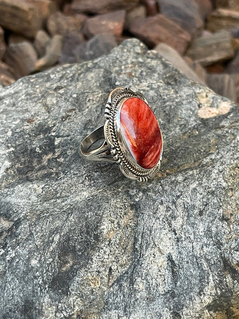 Handmade Sterling Silver Red Spiny Oyster Ring with Stamp Trim - Size 9