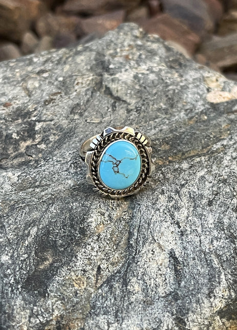 Handmade Sterling Silver Turquoise Ring with Twist Detail- Size 6
