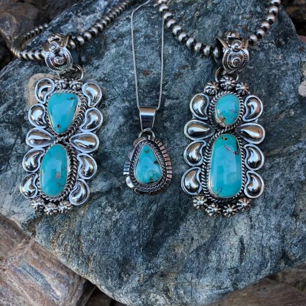 Detailed Two Stone Repousse Turquoise Mountain Pendant (3)