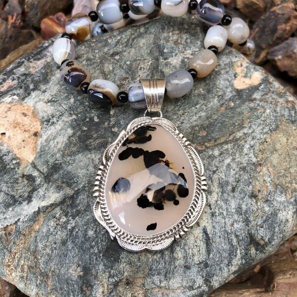 Gorgeous Large Montana Agate Pendant with Matching Beaded Necklace (1)