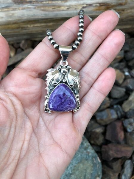 Handmade Sterling Silver Purple Charoite Pendant with Feather Detail (2)