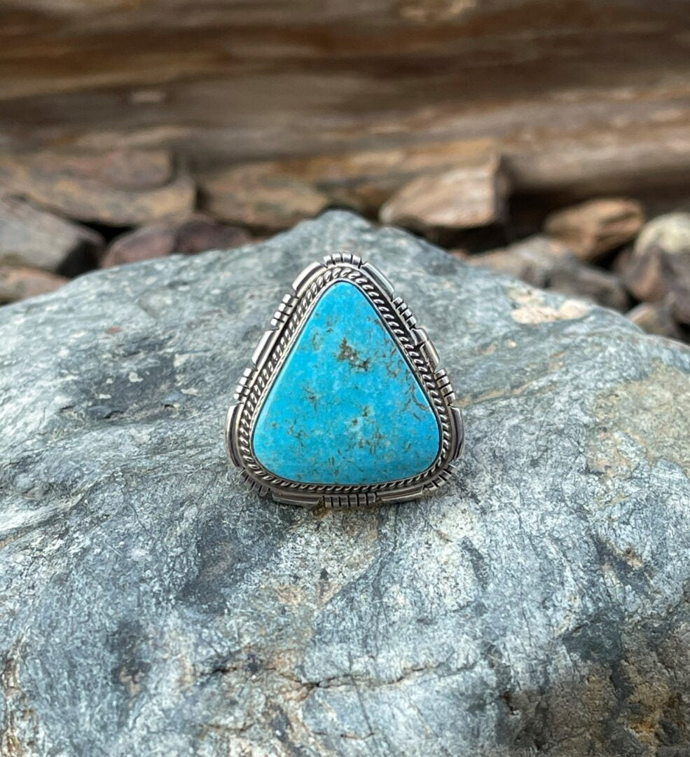 Handmade Triangle Cut Kingman Turquoise Ring with Double Stack Trim