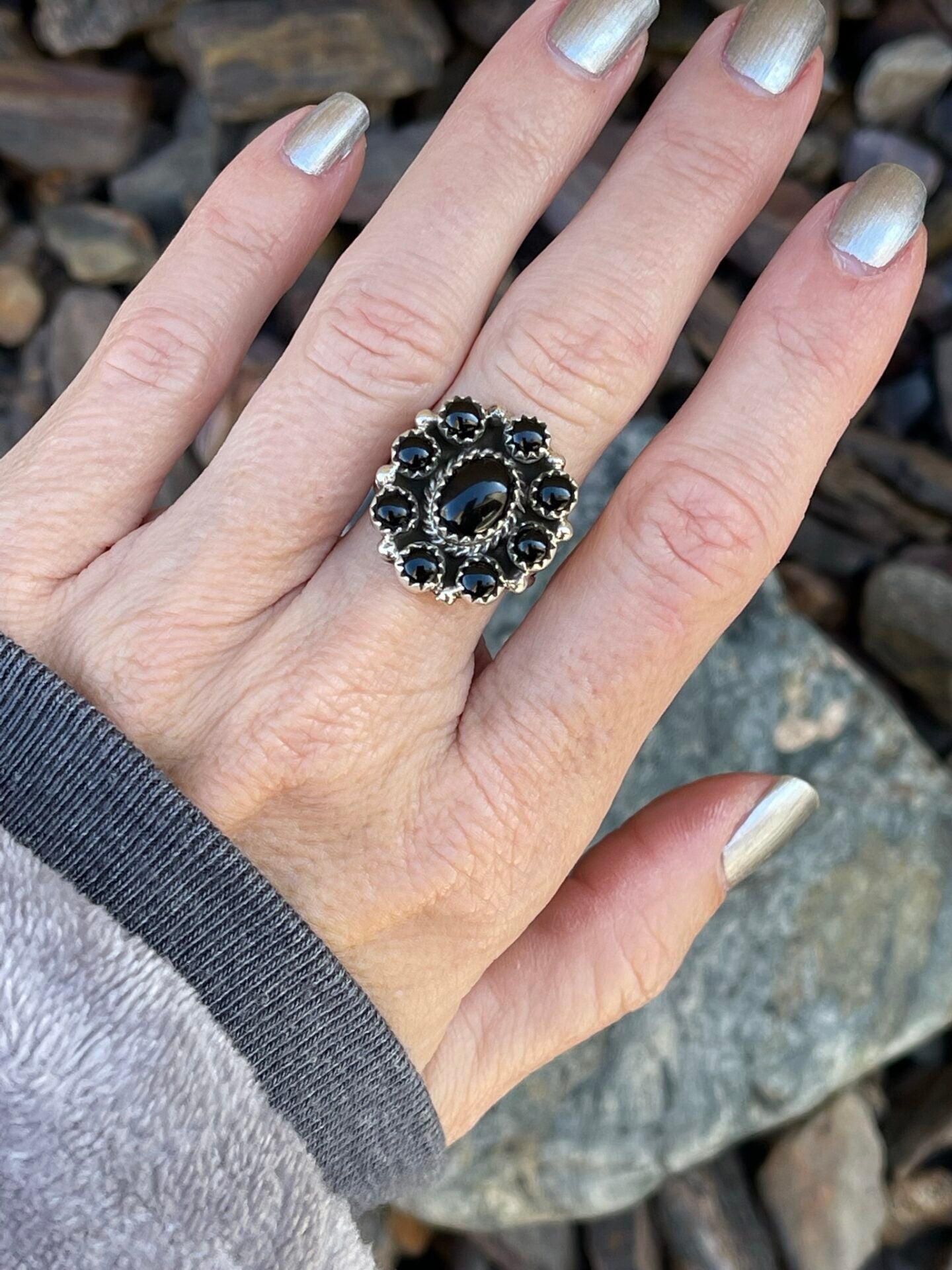 Handmade Sterling Silver Black Onyx Cluster Ring