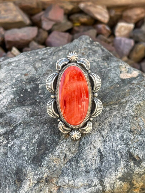 Sterling Silver Red Spiny Oyster Ring with Concho Trim