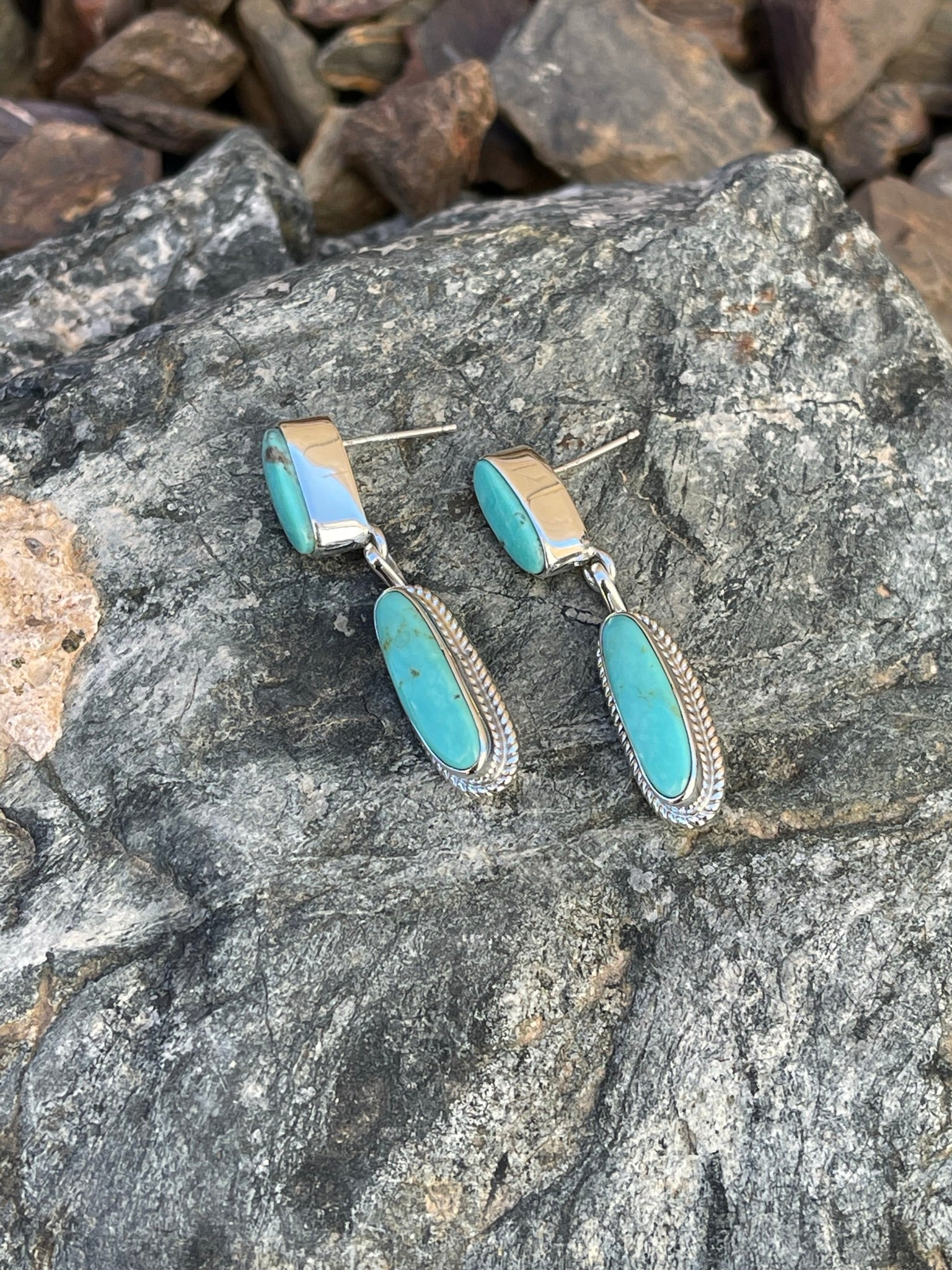 Handmade Sterling Silver Two Stone Kingman Turquoise Earrings with Twist Detail