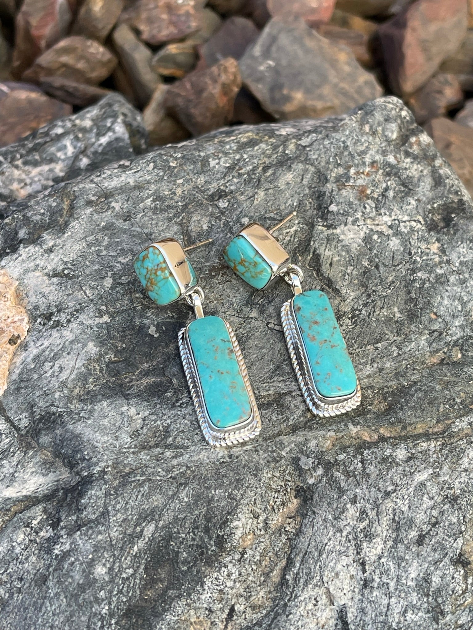 Handmade Sterling Silver Two Stone Kingman Turquoise Rectangle Cut Earrings
