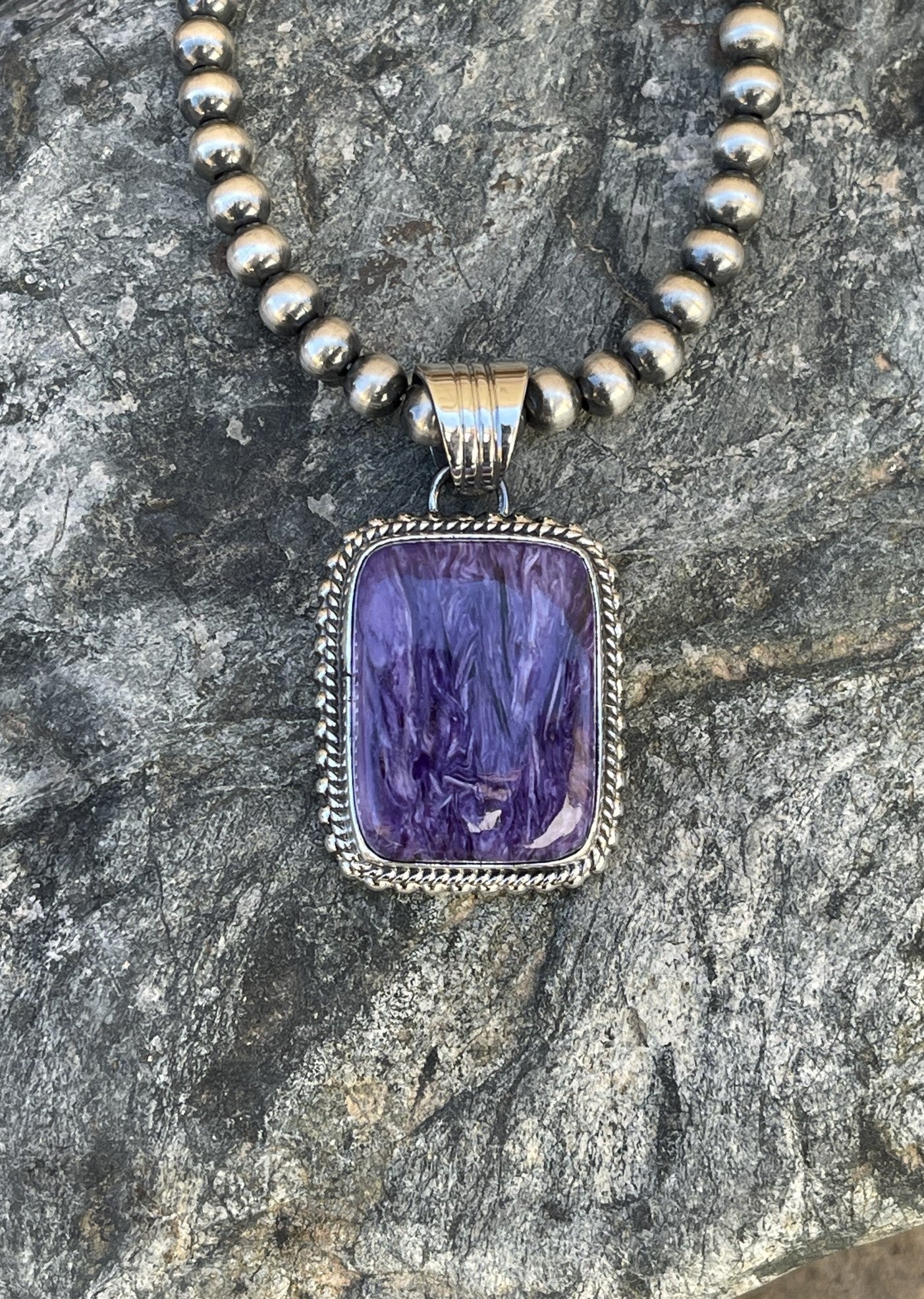 Handmade Sterling Silver Purple Charoite Pendant with Double Stack Trim Detail