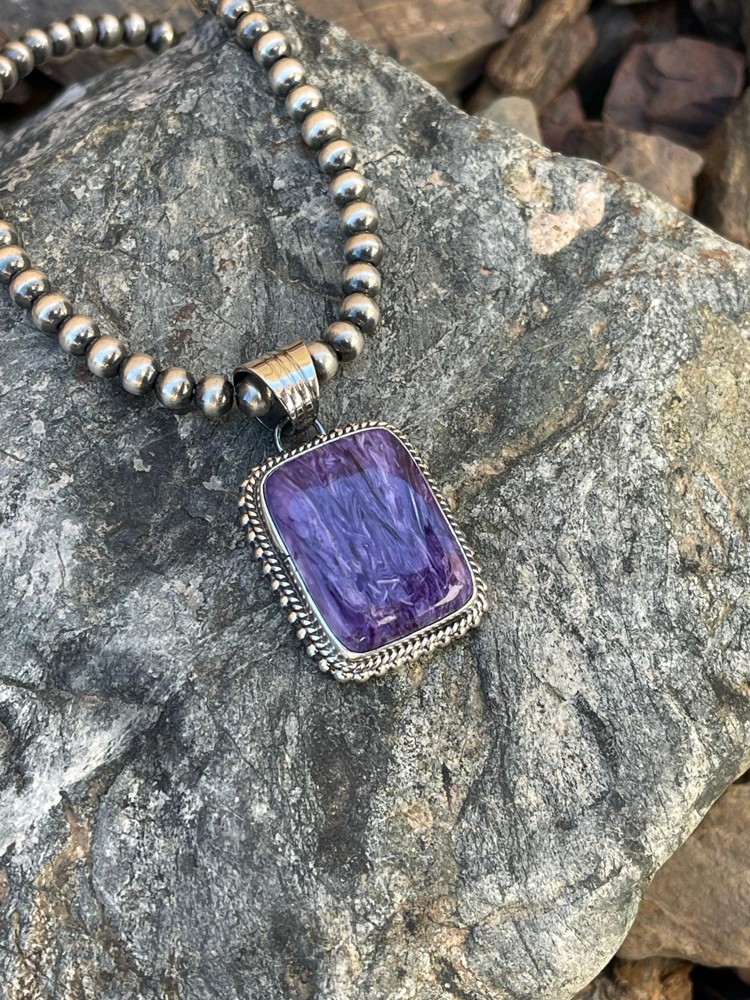 Handmade Sterling Silver Purple Charoite Pendant with Double Stack Trim Detail