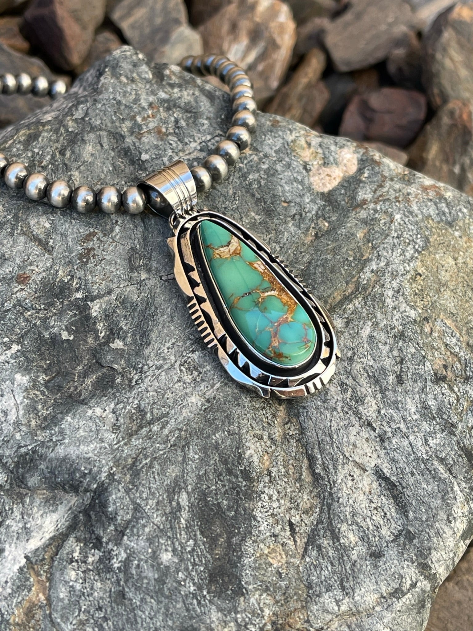 Gorgeous Handmade Sterling Silver Royston Turquoise Pendant with Double Stack Trim