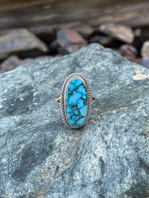 Handmade Oval Turquoise Mountain Turquoise Ring with Twist Trim