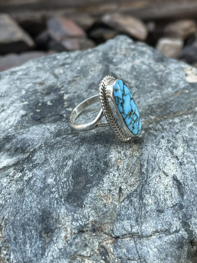 Handmade Oval Turquoise Mountain Turquoise Ring with Twist Trim