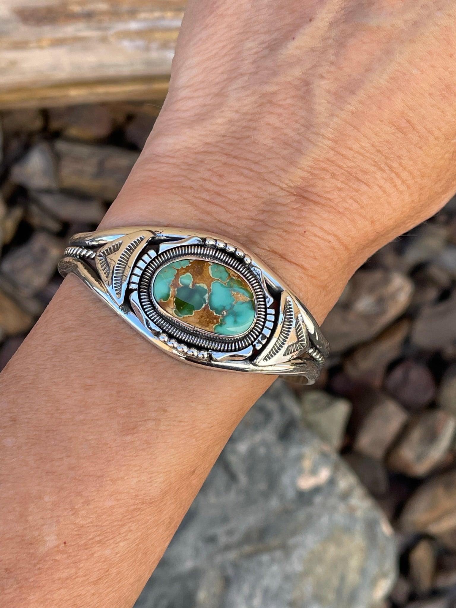Hand Crafted Sterling Silver Royston Turquoise Bracelet with Coil Detail