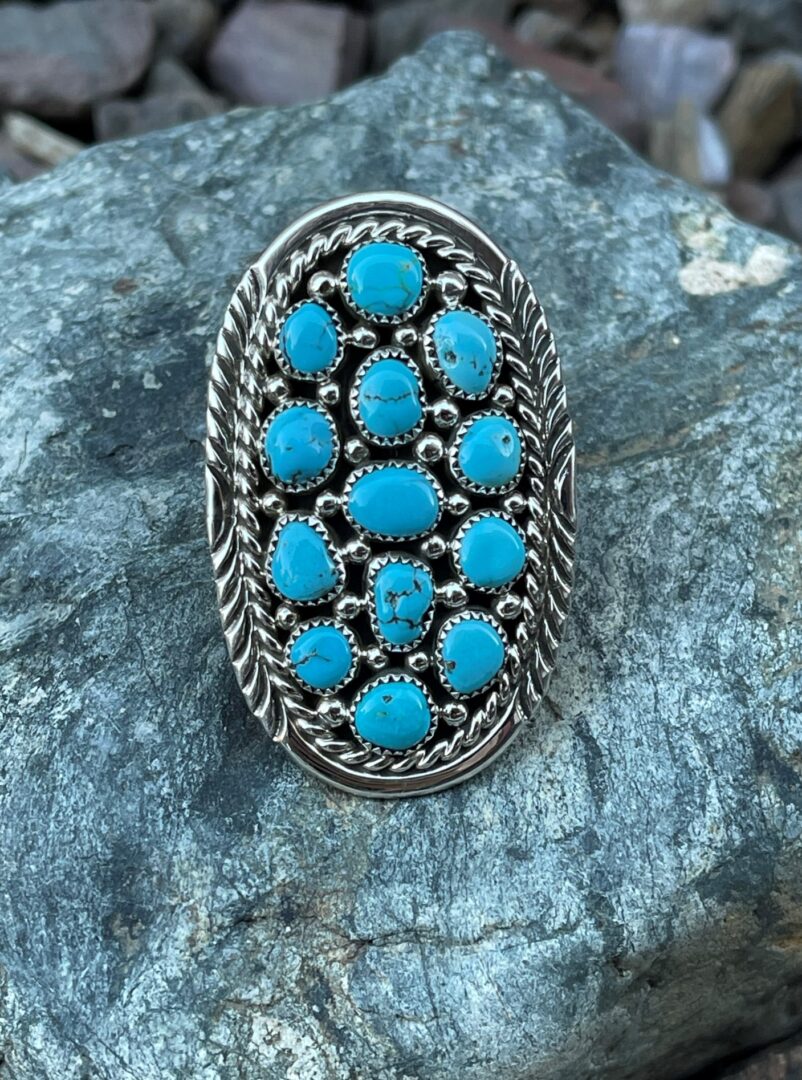 Large Sterling Silver Sleeping Beauty Turquoise Multi-Stone Cluster Ring