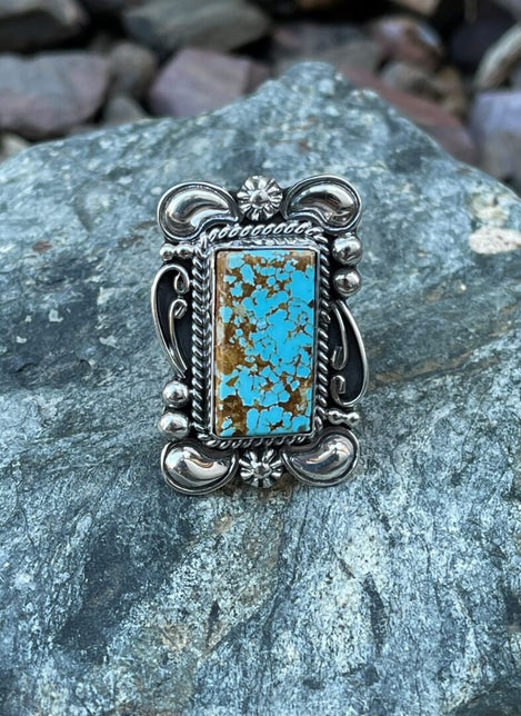 Handmade rectangle Cut Royston Turquoise Ring with Scroll and Twist Detail