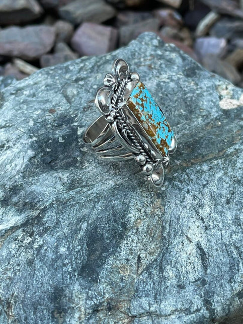 Handmade rectangle Cut Royston Turquoise Ring with Scroll and Twist Detail