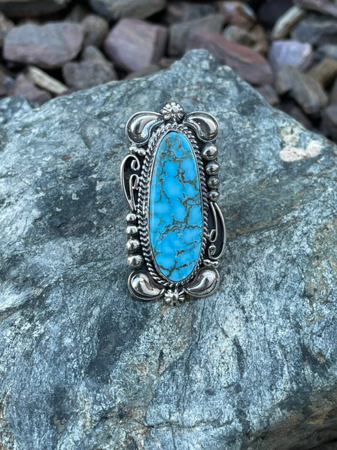 Large Handmade Turquoise Mountain Ring with Scroll and Bead Detail