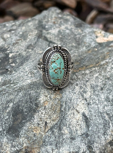 Small Sterling Silver Turquoise Ring with Twist and Hand Stamped Trim