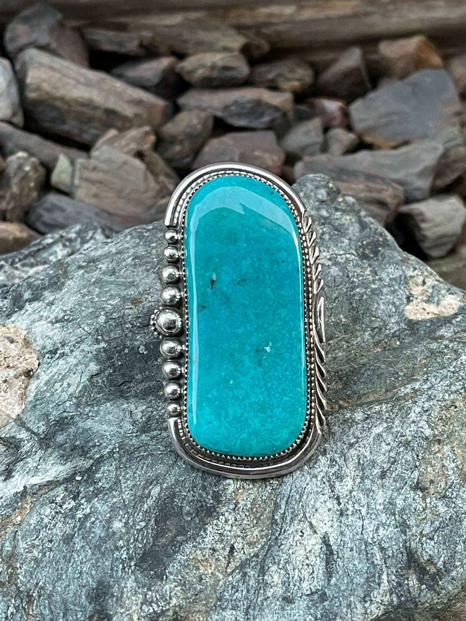 Extra Large Kingman Turquoise Statement Ring with Beaded Detail - Size 9