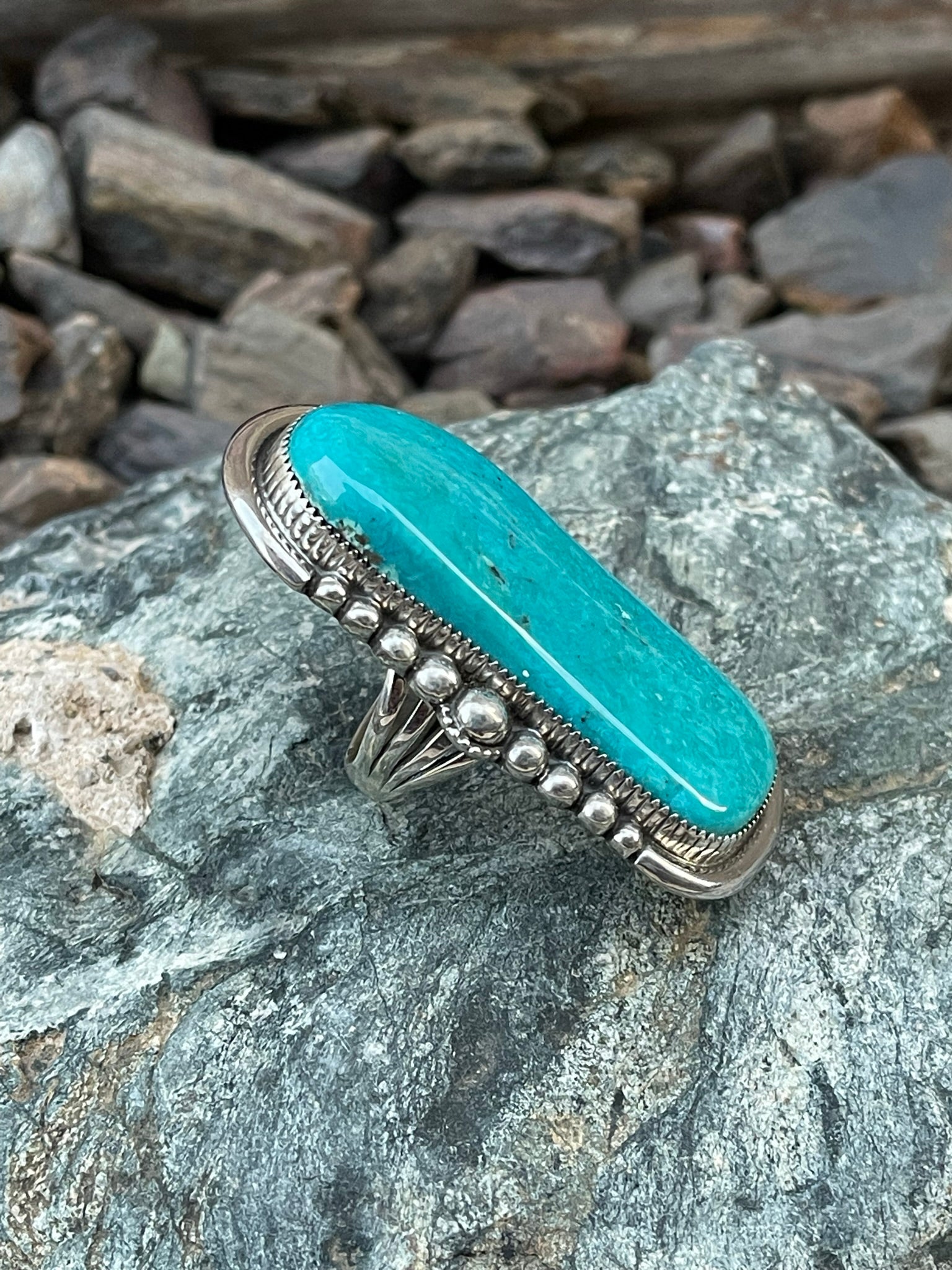Extra Large Kingman Turquoise Statement Ring with Beaded Detail - Size 9