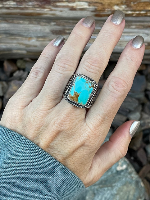 Hand Crafted Kingman Turquoise Ring with Stamped Trim - Size 9