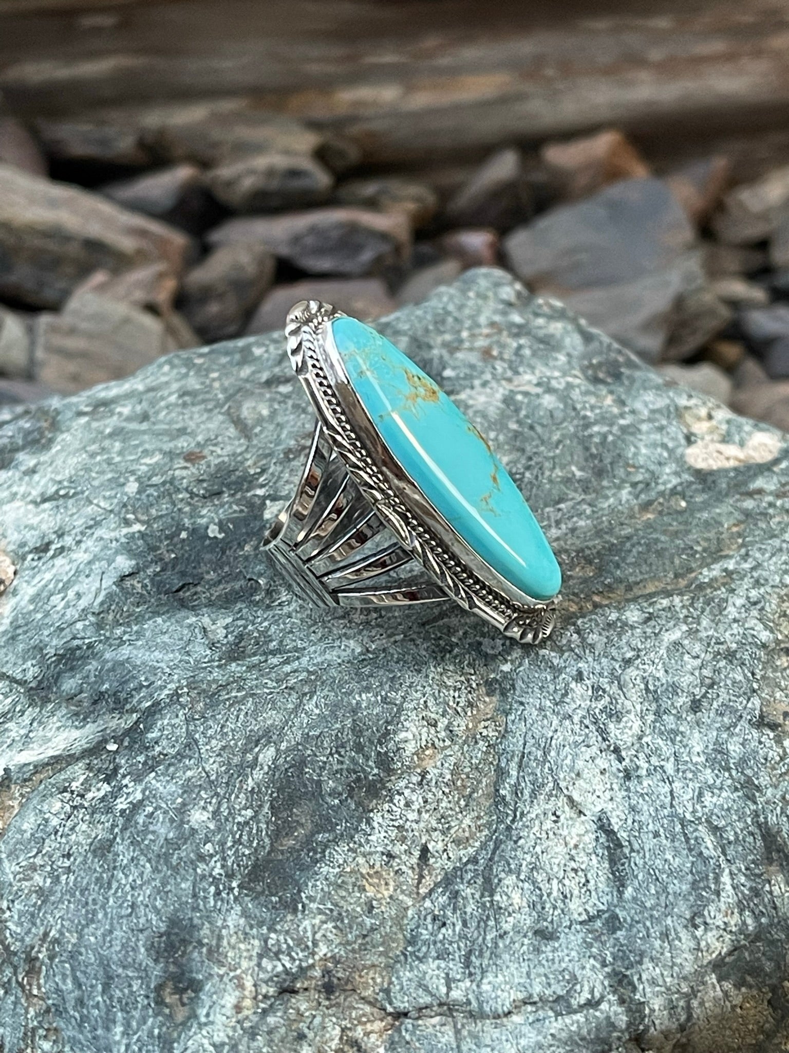 Large Sterling Silver Five Prong Kingman Turquoise Ring with Stamp Trim - Size 8 1/2