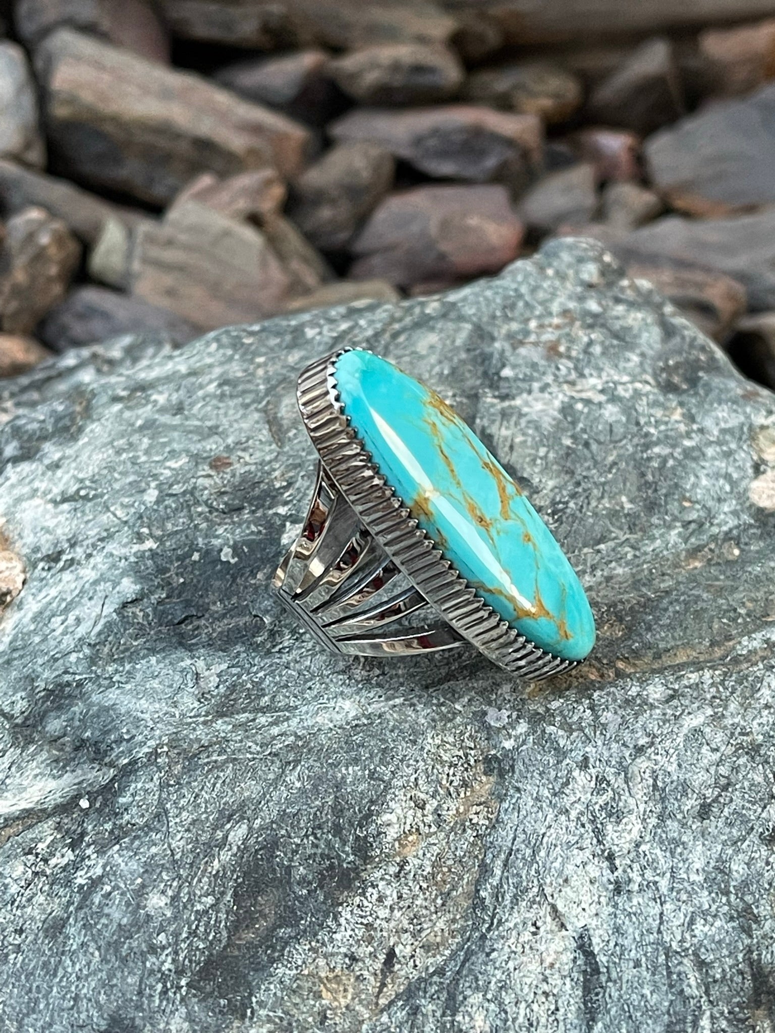 Large Sterling Silver Five Prong Kingman Turquoise Ring with Picket Fence Trim - Size 6 1/2