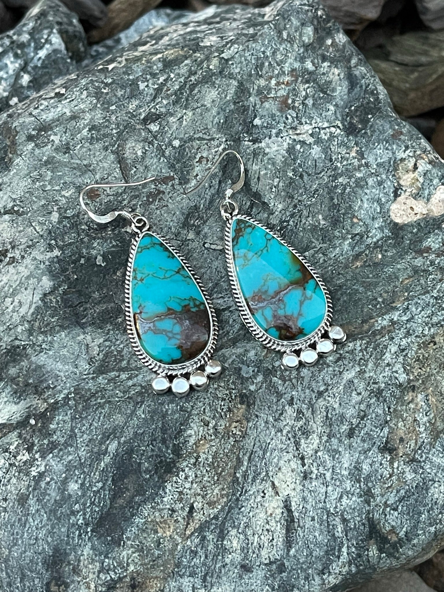 Blue Kingman Turquoise Earrings with Twist and Beaded Detail