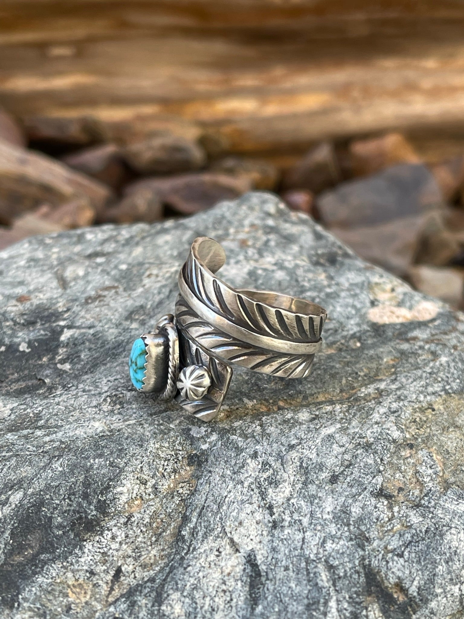 Handmade Sterling Silver Turquoise Mountain Feather Wrap Ring - Size 9 adjustable