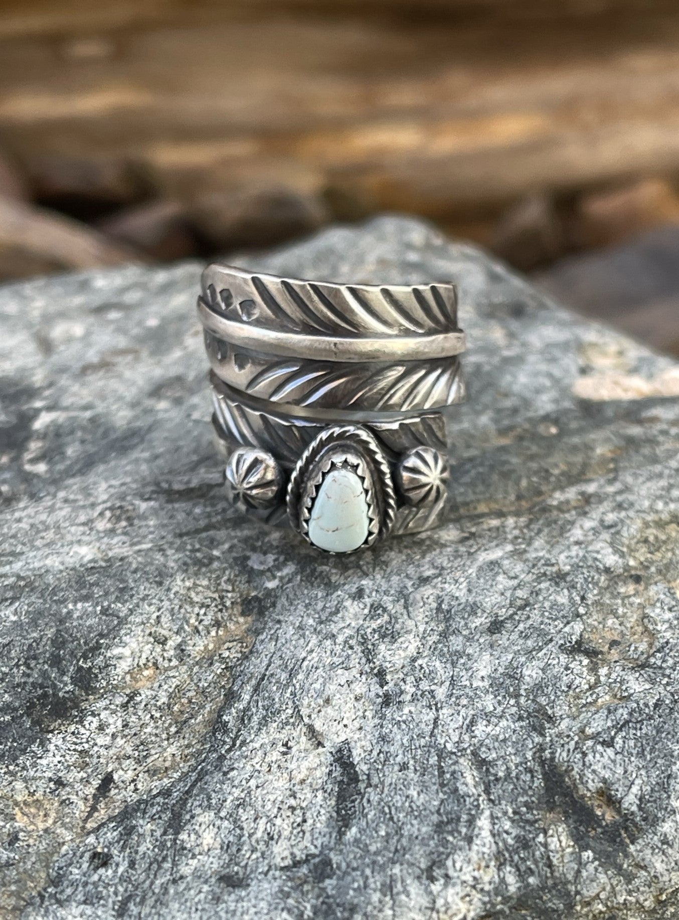 Handmade Sterling Silver Dry Creek Turquoise Feather Wrap Ring - Size 8 1/2 adjustable