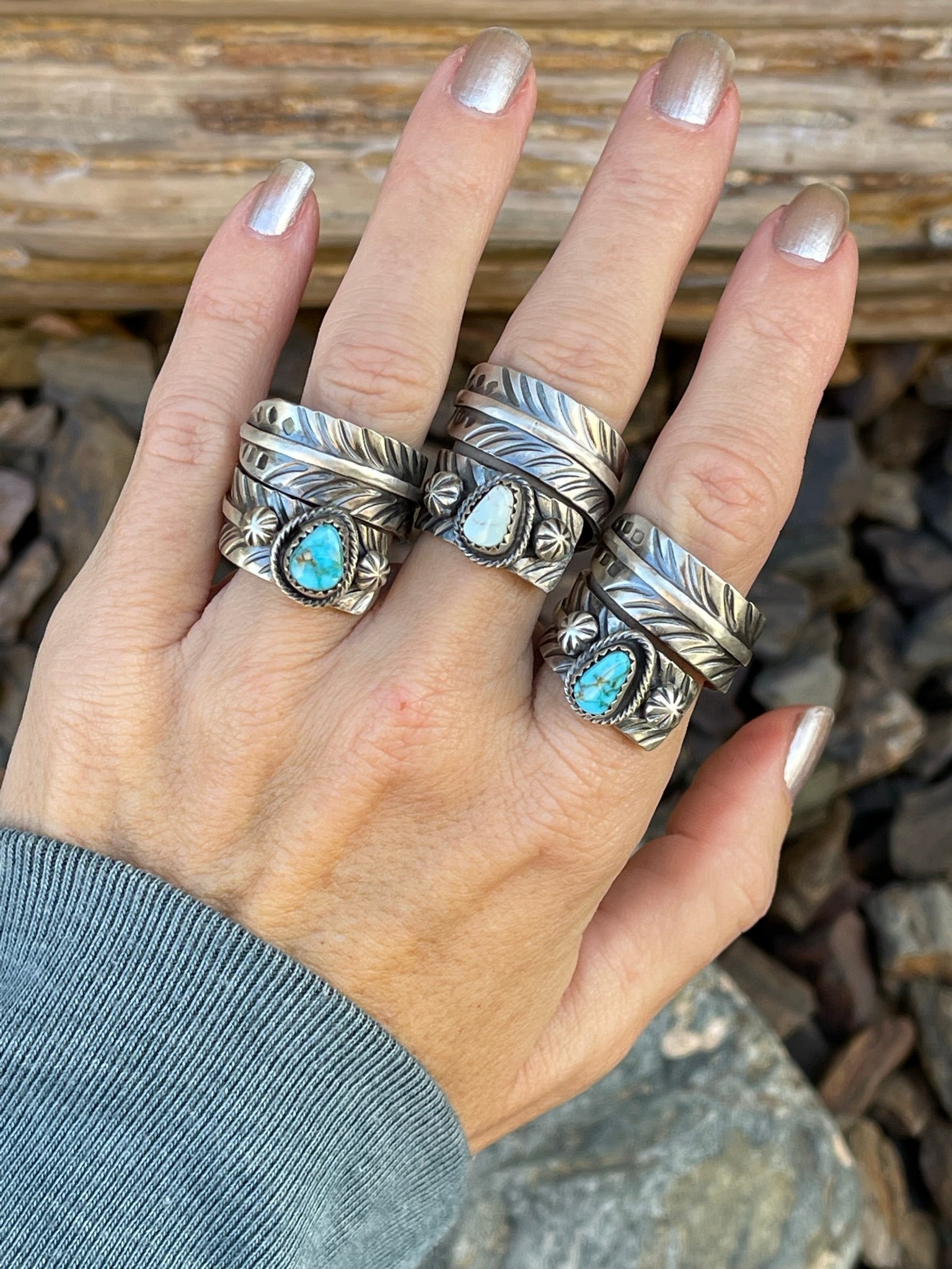 Handmade Sterling Silver Turquoise Mountain Feather Wrap Ring - Size 9 adjustable