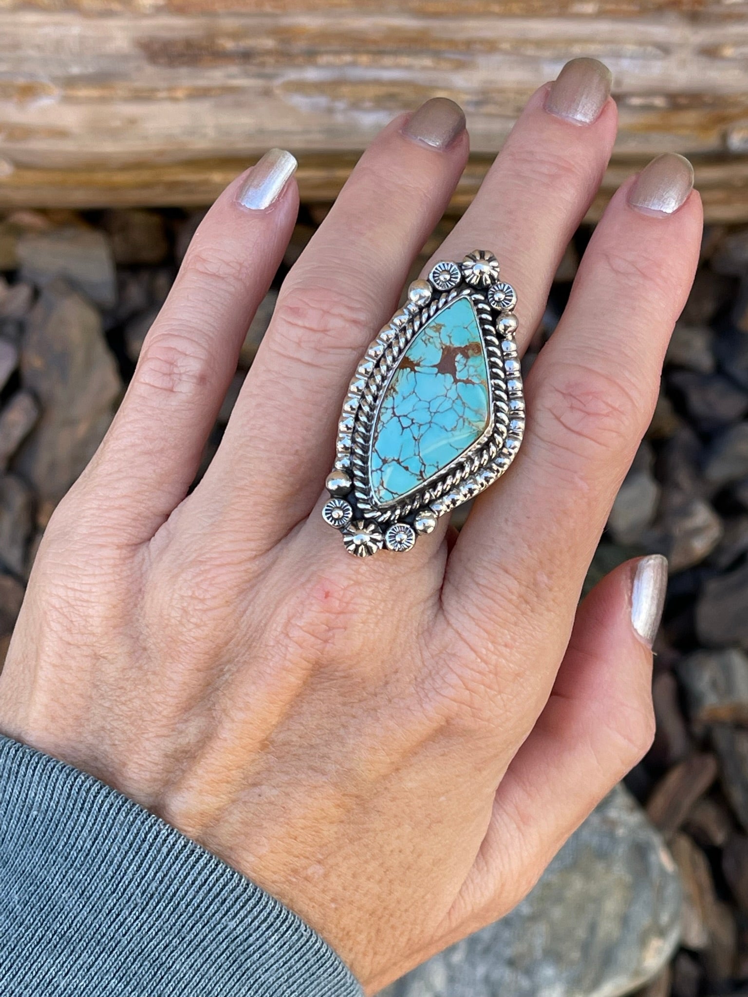 Handmade Sterling Silver Royston Turquoise Ring with Beaded Detail - Size 7 1/2