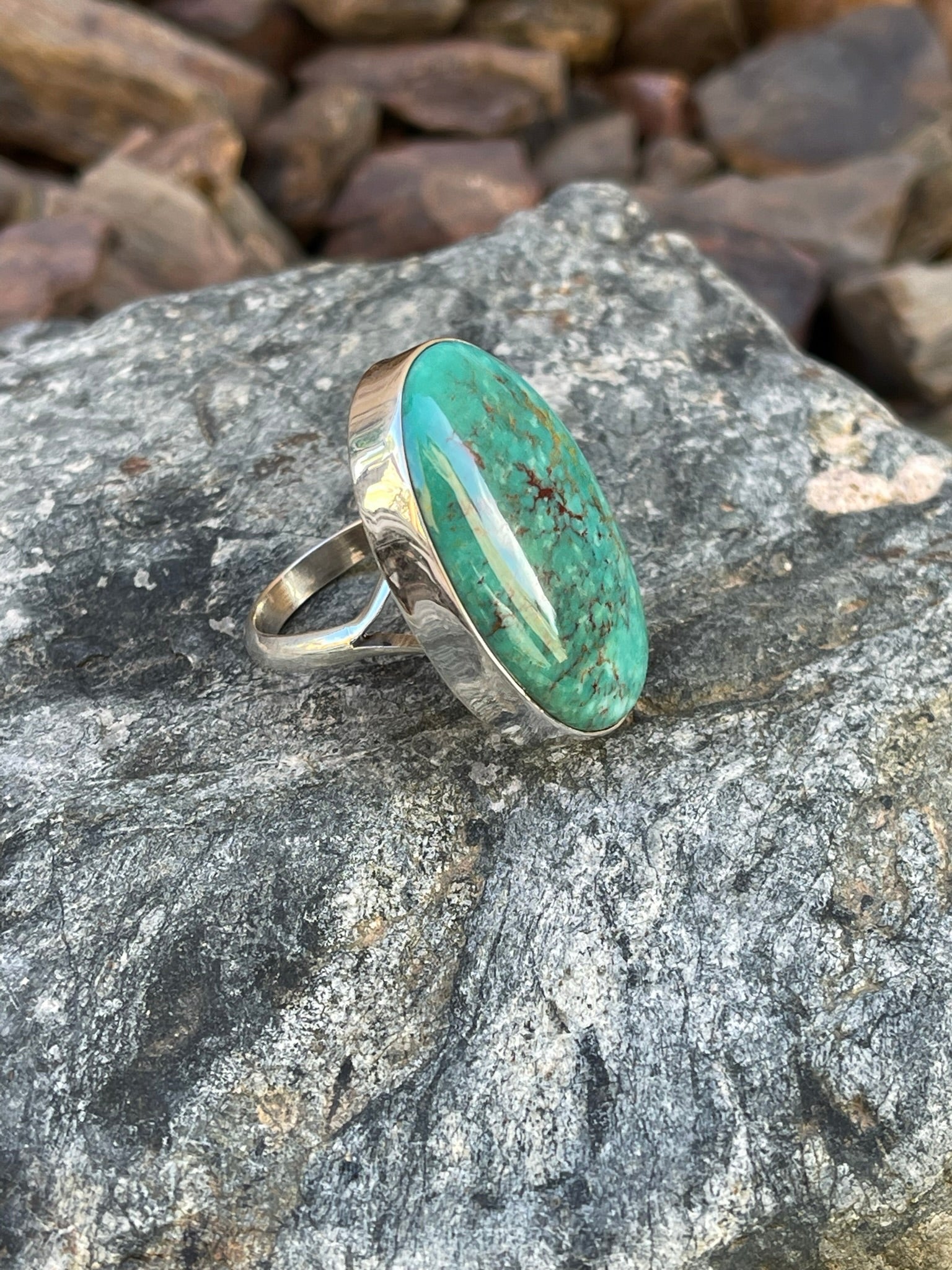 Handmade Sterling Silver Oval Cut Kingman Turquoise Plain Bezel Ring - Size 9 1/2