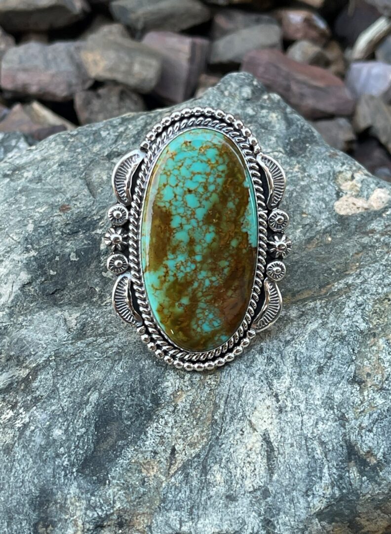 Large Kingman Turquoise Statement Ring with Beaded Detail