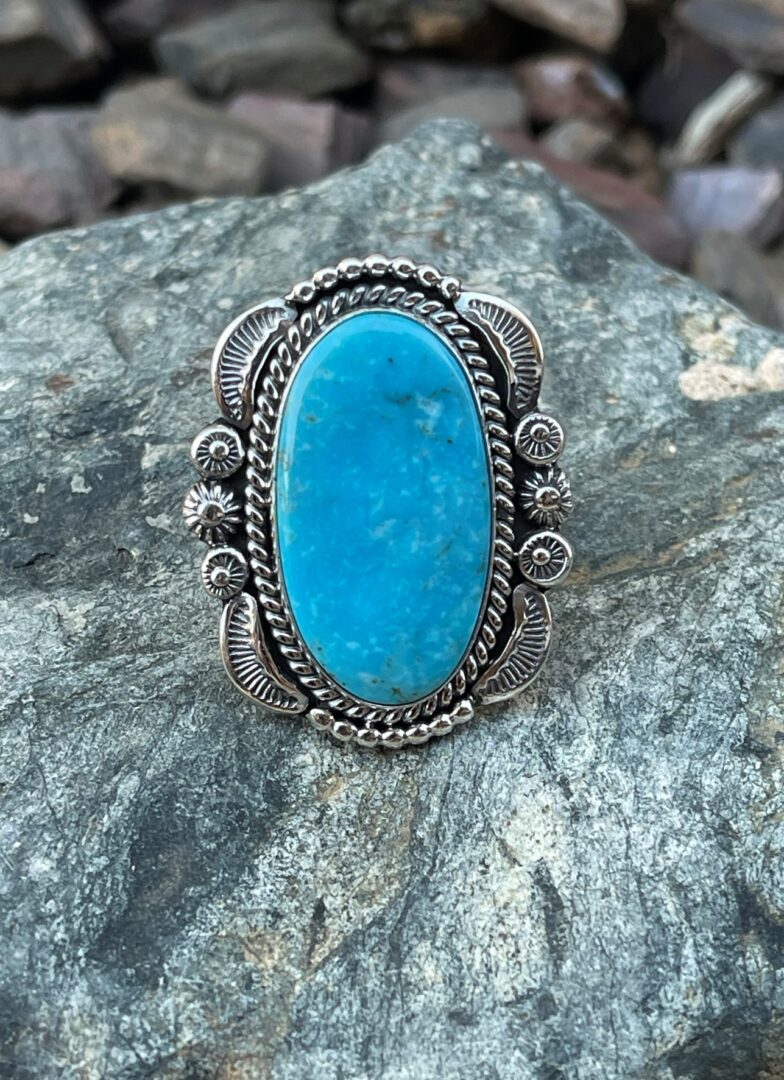 Large Sterling Silver Blue Kingman Turquoise with Stamped Bead Detail