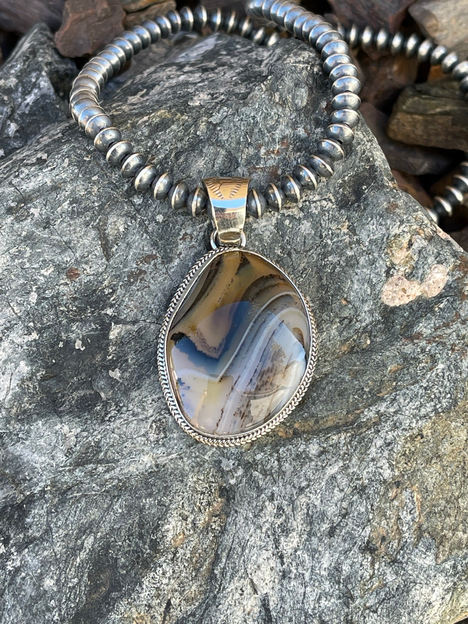 Handmade Solid Sterling Silver Montana Agate Pendant