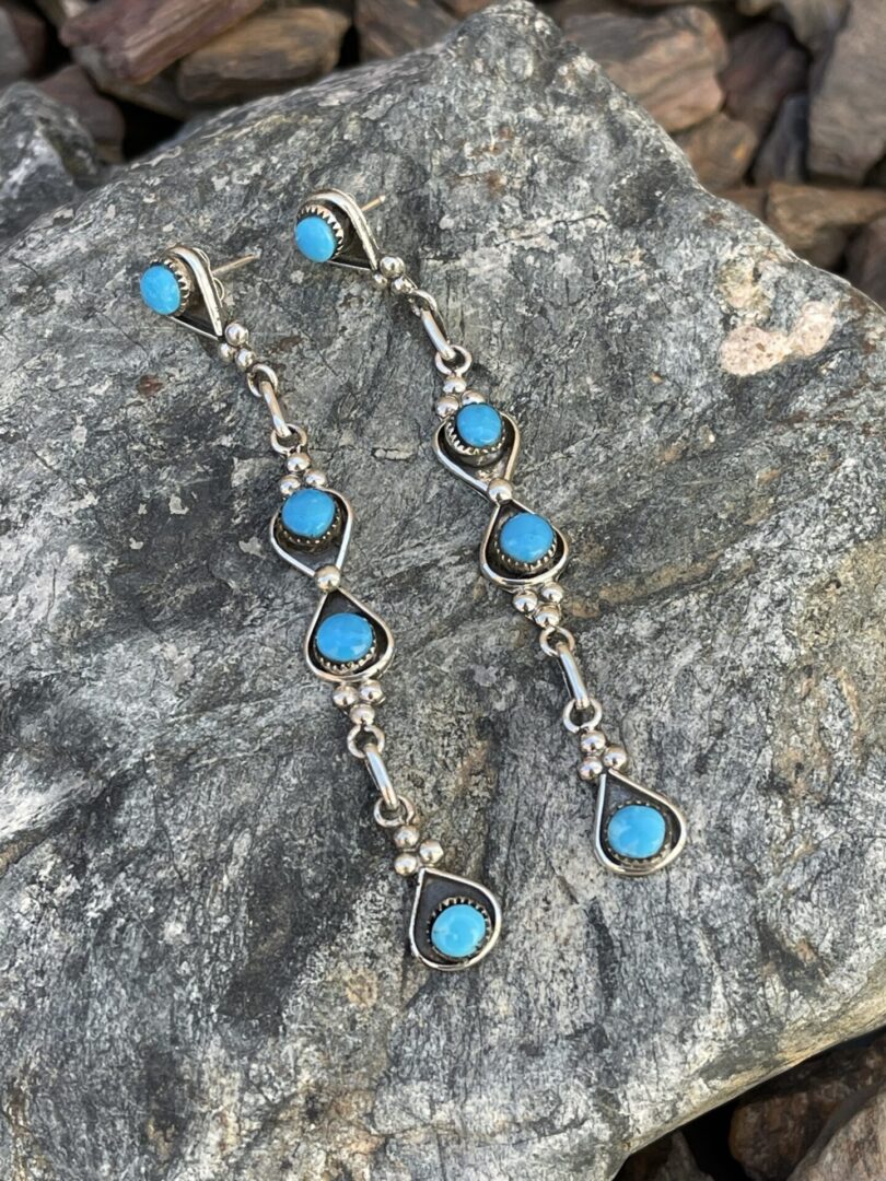 Long Sterling Silver Four Stone Turquoise Dangle Statement Earrings