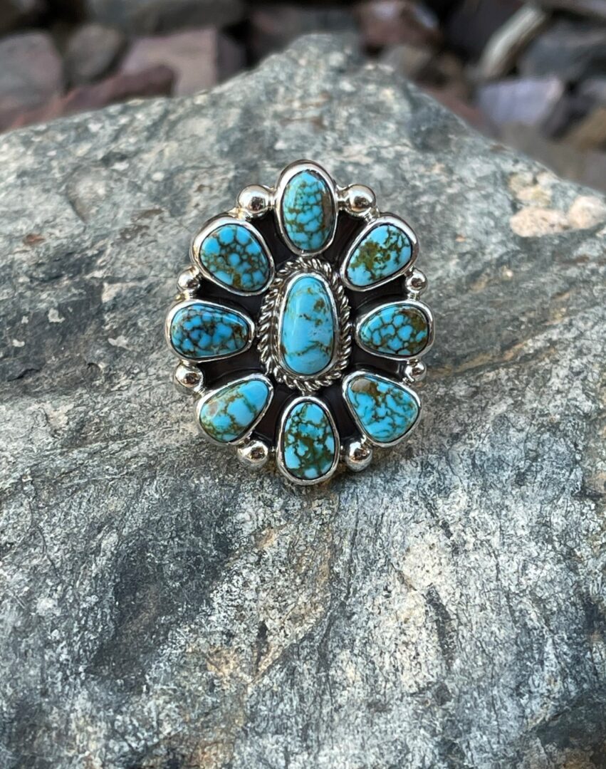 Sterling Silver Nine Stone Kingman Turquoise Cluster Ring