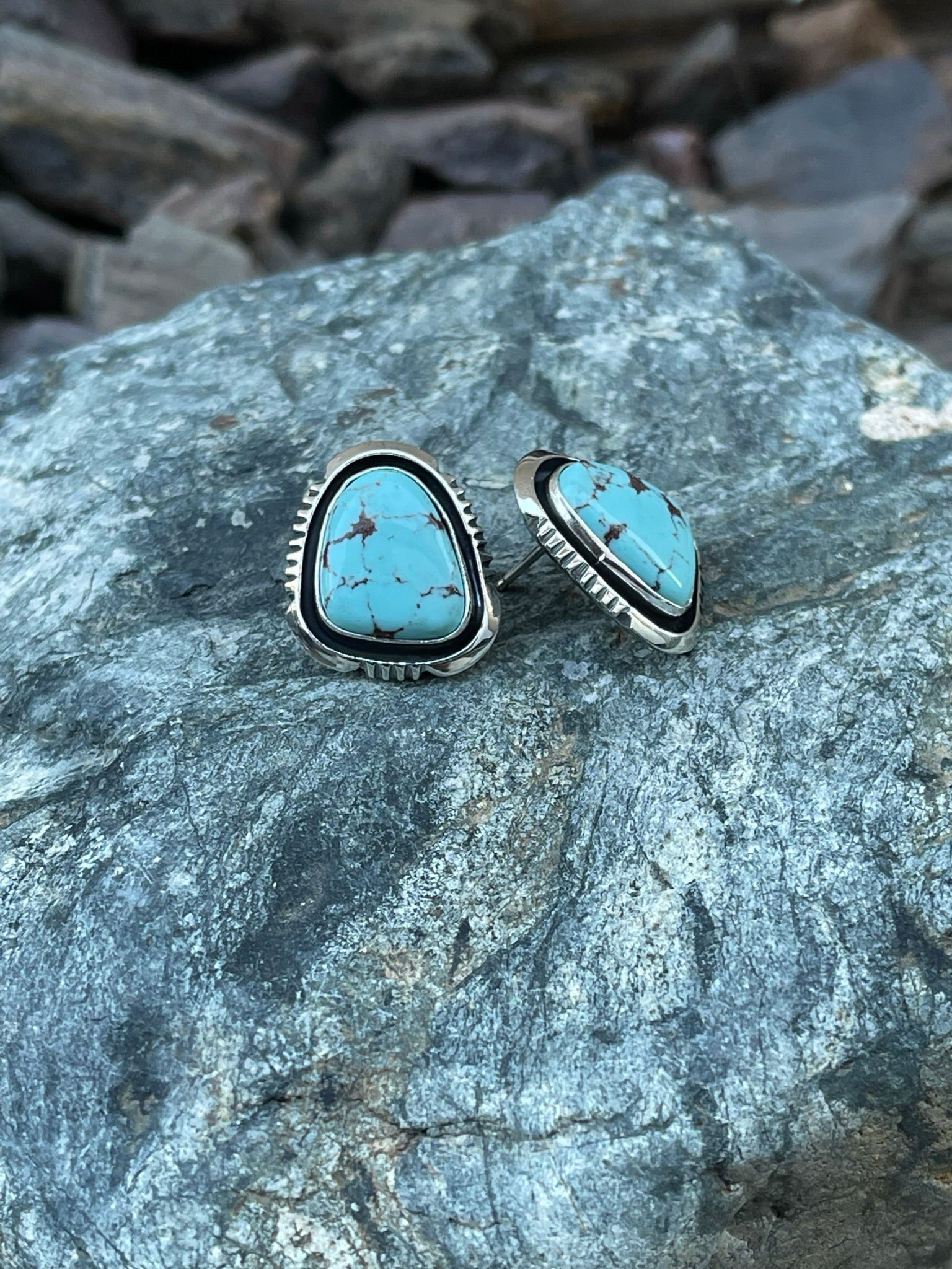 Handmade Sterling Silver Number Eight Turquoise Stud Earrings with Shadow Box Trim