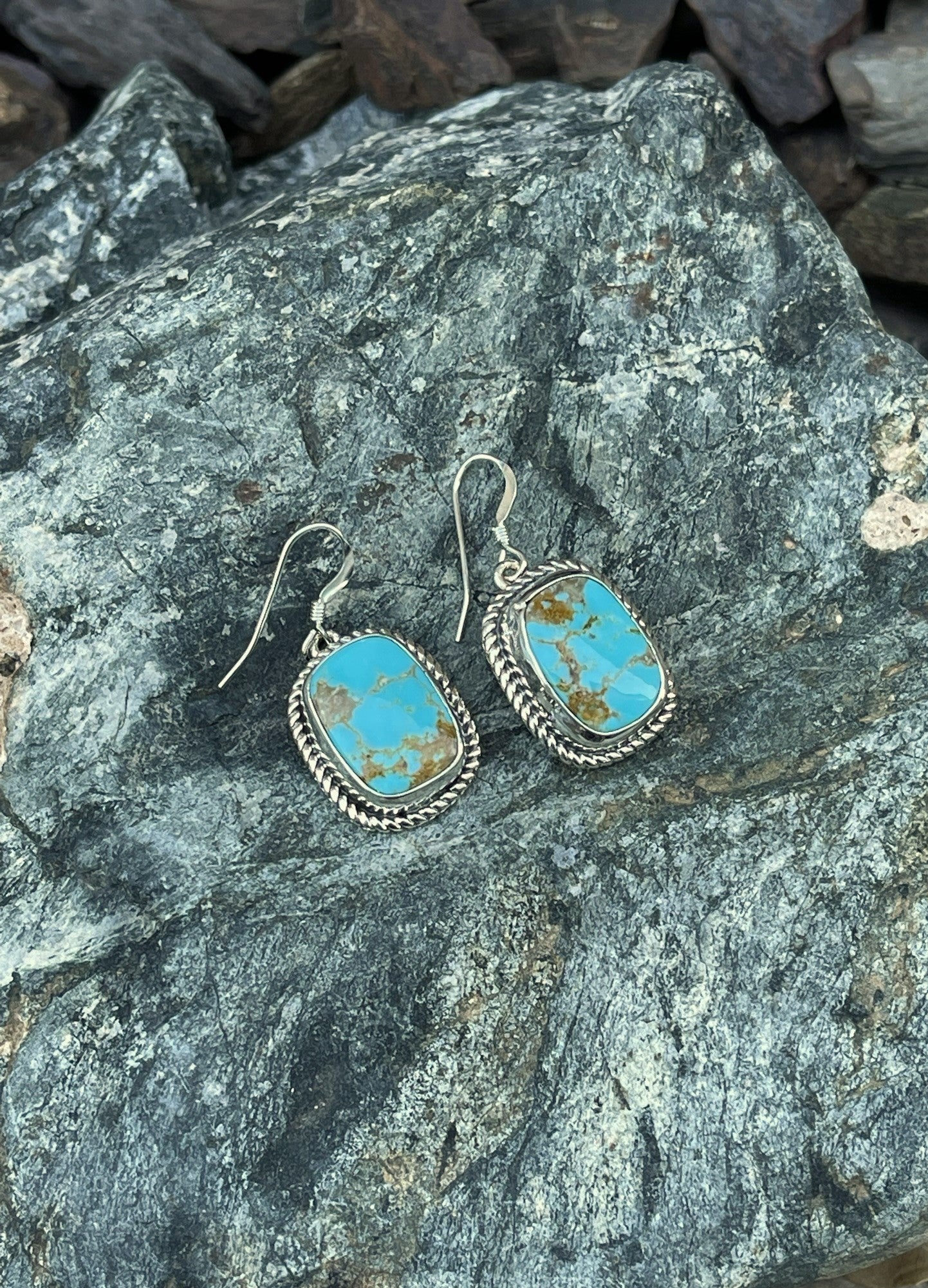 Handmade Sterling Silver Kingman Turquoise Dangle Earrings with Twist Trim