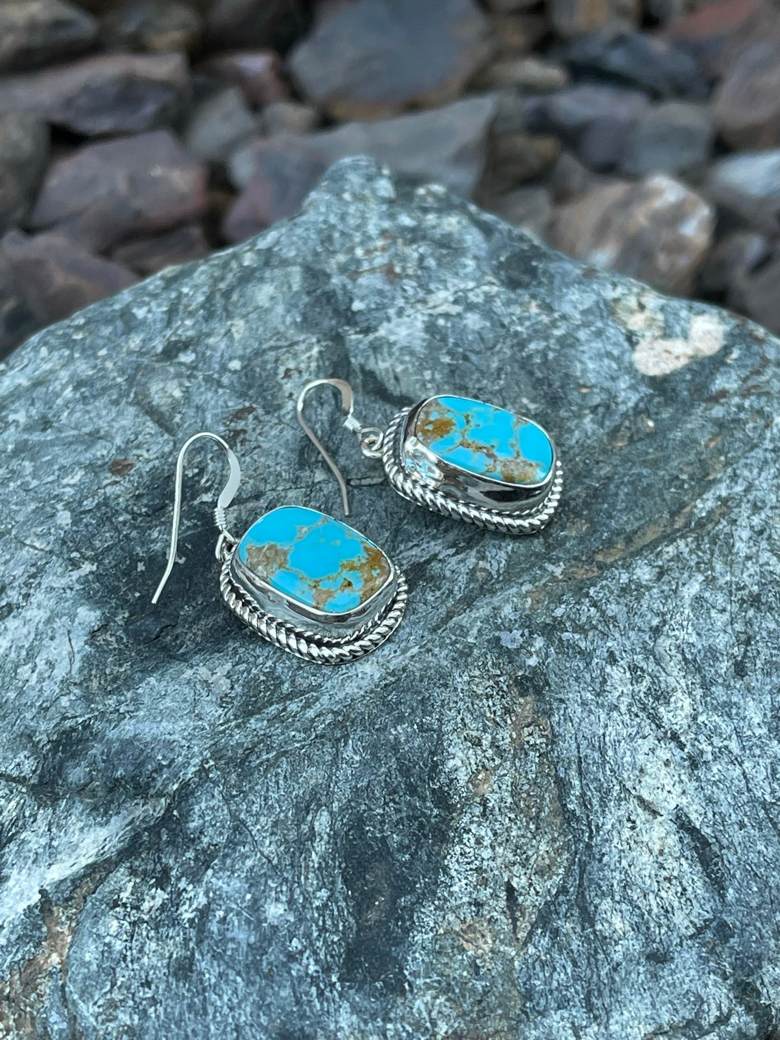 Handmade Sterling Silver Kingman Turquoise Dangle Earrings with Twist Trim